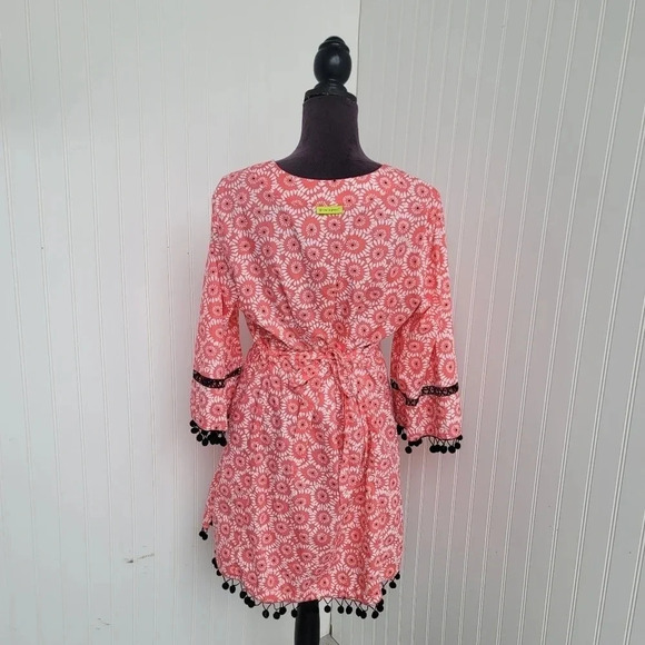 Garden Freak Rare Grow a Pear Coral Pink Black Pom Floral Dress Funky Bright L - Picture 3 of 11